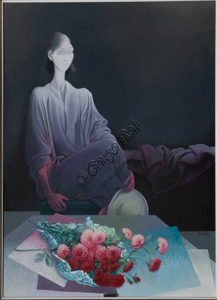 Dipinto Ragazza e fiori di Alberto Cavallari, olio su tela, particolare delle figure floreali