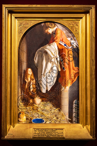 Dipinto S. Agnese in prigione riceve la veste bianca, opera di Frank Cadogan Cowper del 1905, arte preraffaellita