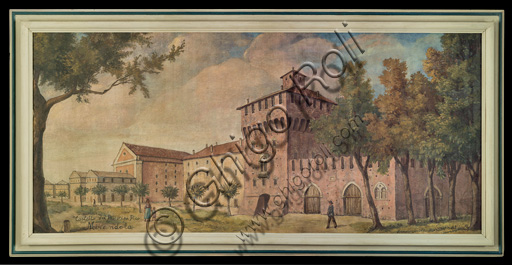 Dipinto a tempera raffigurante il Castello di Mirandola, opera anonima della Collezione Assicoop-Unipol.