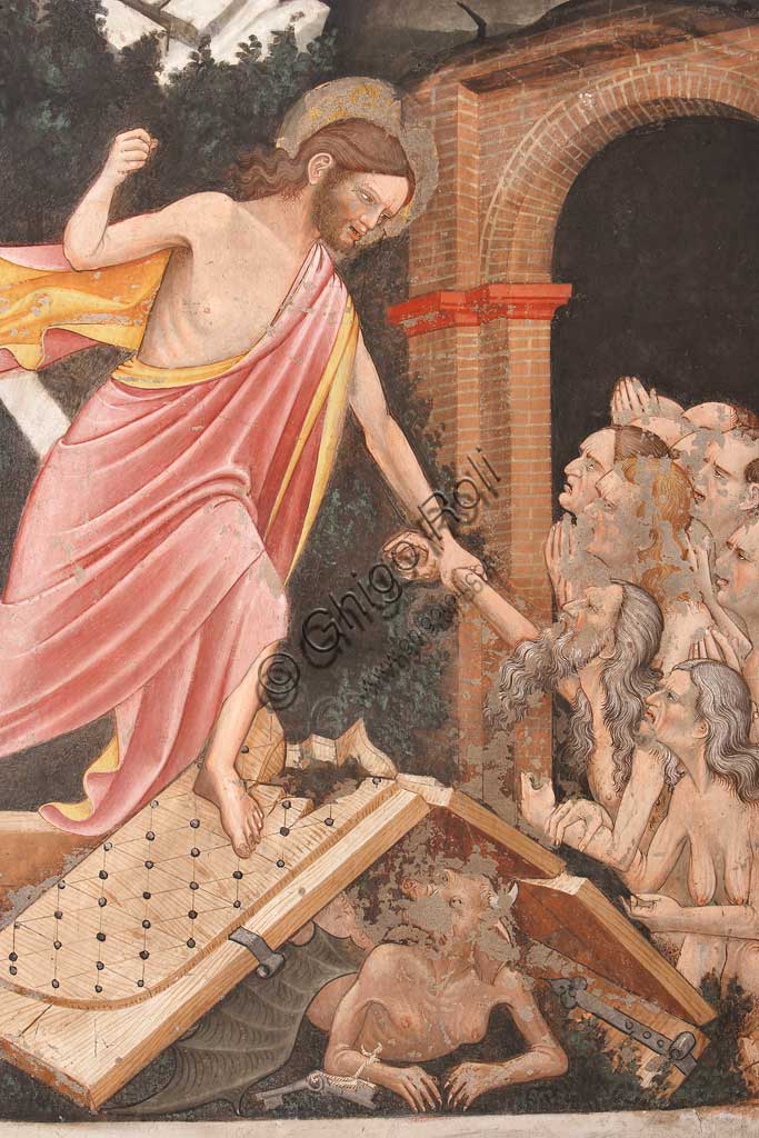 Particolare affresco Discesa al Limbo Maestro di Vignola, Gesù prende mano Adamo, Rocca di Vignola Cappella Contrari