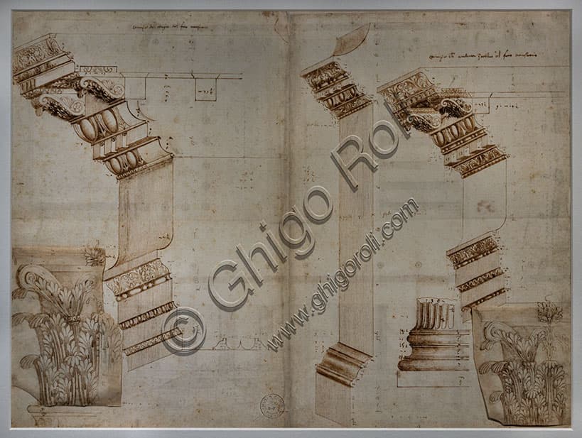 Disegno di Andrea Palladio che analizza il Tempio di Minerva e il Foro di Nerva con capitelli corinzi, anni '40 del Cinquecento