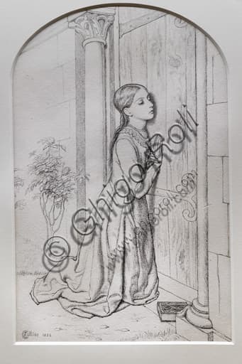 Disegno originale a grafite e inchiostro L'infanzia devota di Santa Elisabetta d'Ungheria, opera di Charles Allston Collins, artista preraffaellita inglese
