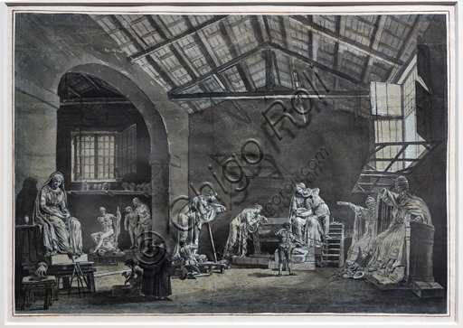 Disegno a penna e acquarello dello studio romano di Antonio Canova, opera di Francesco Chiarottini del 1785