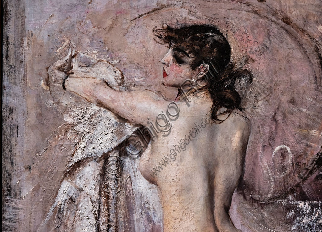 Particolare del dipinto Dopo il Bagno di Giovanni Boldini, ritratto femminile, olio su tela, 1880-1888