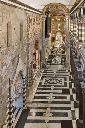 Interior of Genoa Cathedral, view of the left aisle of St. Lawrence Cathedral