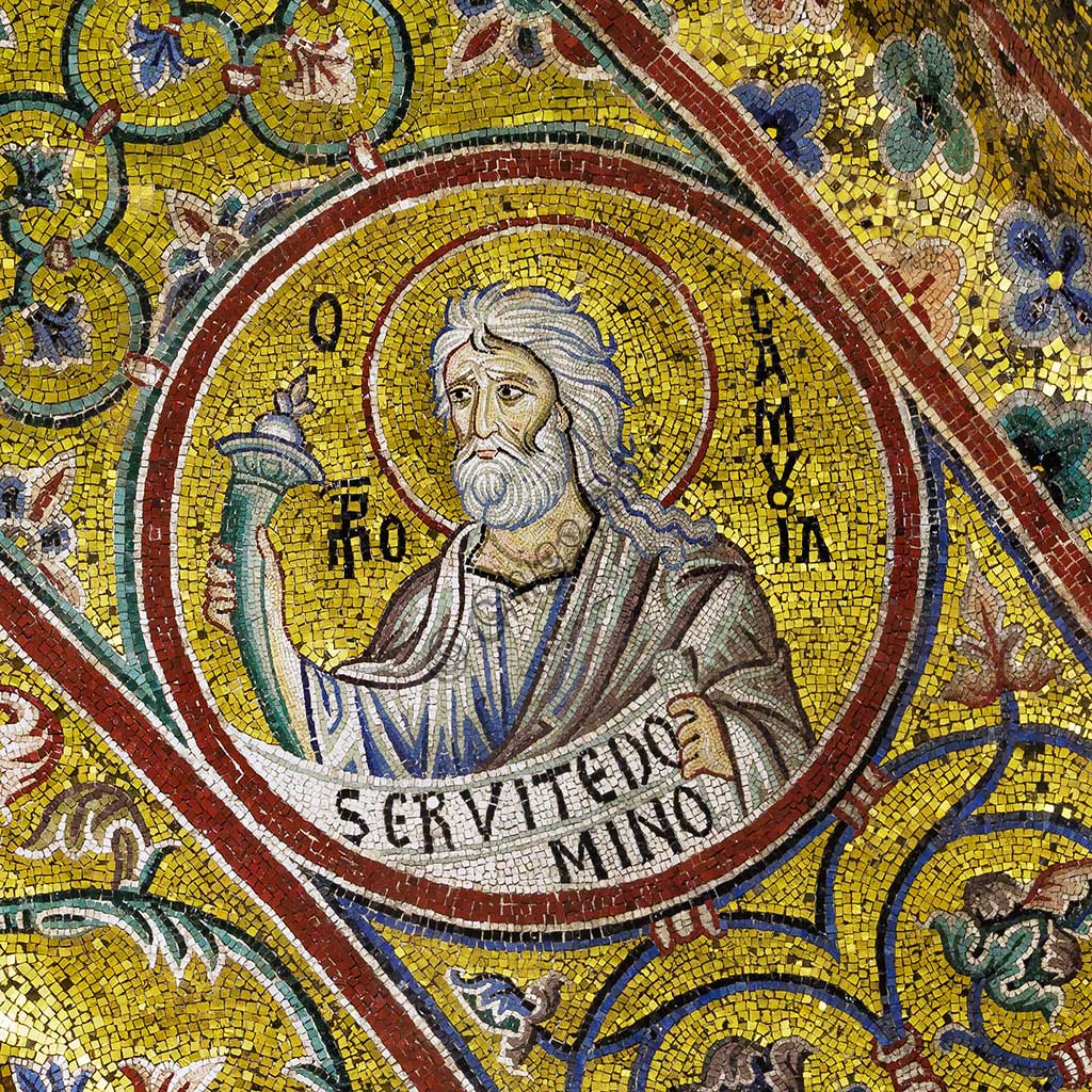 Mosaico bizantino Profeta Samuele, Duomo di Monreale Palermo Sicilia, dettaglio XII secolo su fondo oro