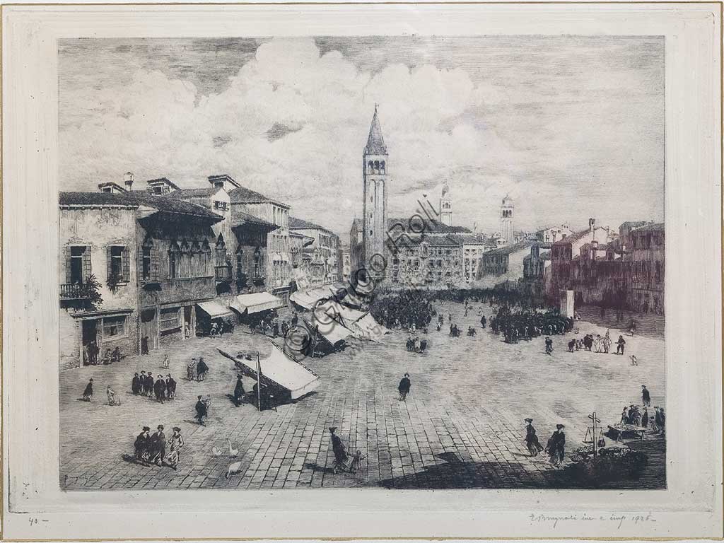 Incisione Piazza con mercato di Emanuele Brugnoli, Collezione Assicoop-Unipol
