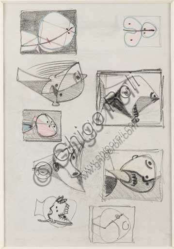 Disegno Studi di Teste fronte di Enrico Prampolini, matita e pastelli su carta, Collezione Assicoop-Unipol Modena