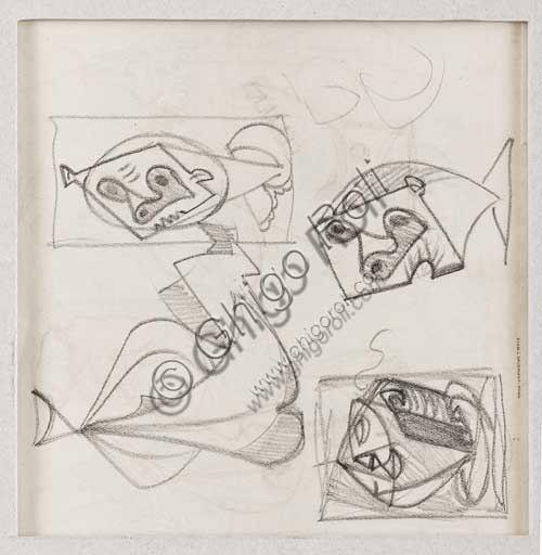 Disegno Studi di teste di Enrico Prampolini, retro, matita e pastello su carta