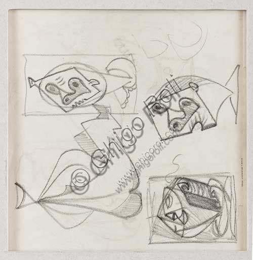 Disegno Studi di teste di Enrico Prampolini, retro, matita e pastello su carta