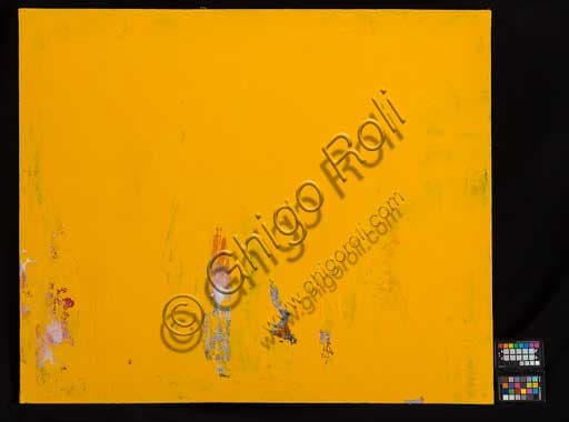 Quadro Giallo di Erio Carnevali, pittore italiano, acrilico su tela 100x120 cm, Collezione Assicoop Unipol