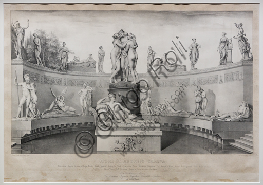 Litografia originale di Michele Fanoli del 1841 che raffigura le sculture di Antonio Canova, stampa d'arte su carta velina.