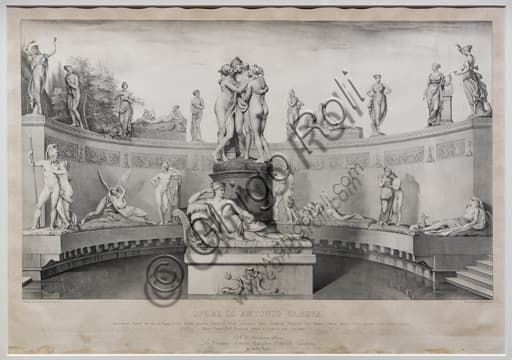 Litografia originale di Michele Fanoli del 1841 che raffigura le sculture di Antonio Canova, stampa d'arte su carta velina.