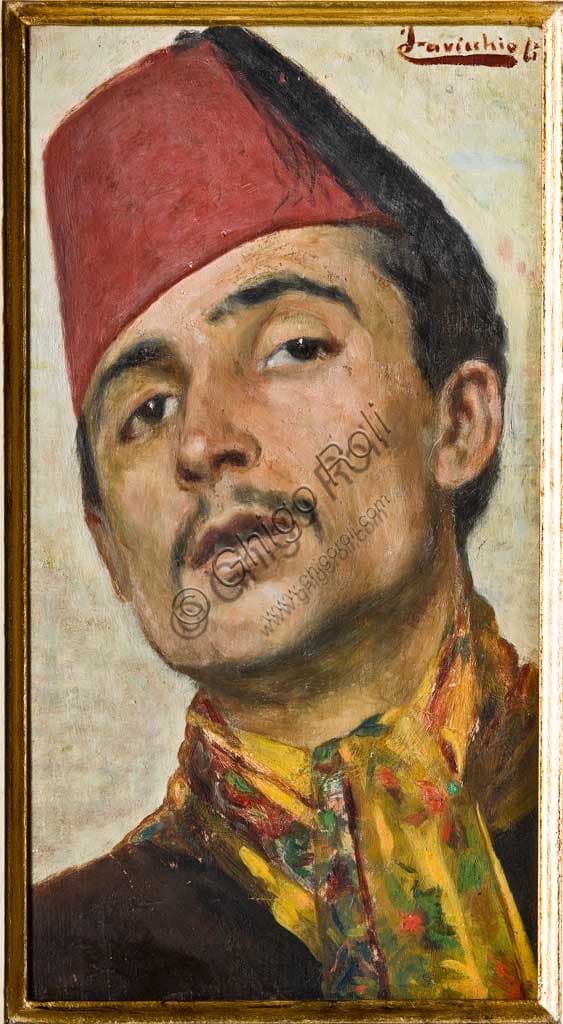 Dipinto olio su tavola Uomo con fez rosso di Fernando Cavicchioli, Collezione Assicoop Unipol