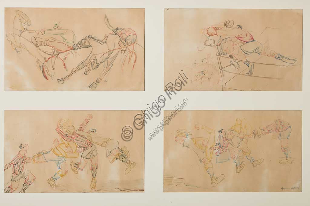 Quattro Caricature, opera di Ferruccio Venturelli, tecnica mista su carta cm 22x36.5, Collezione Assicoop Unipol