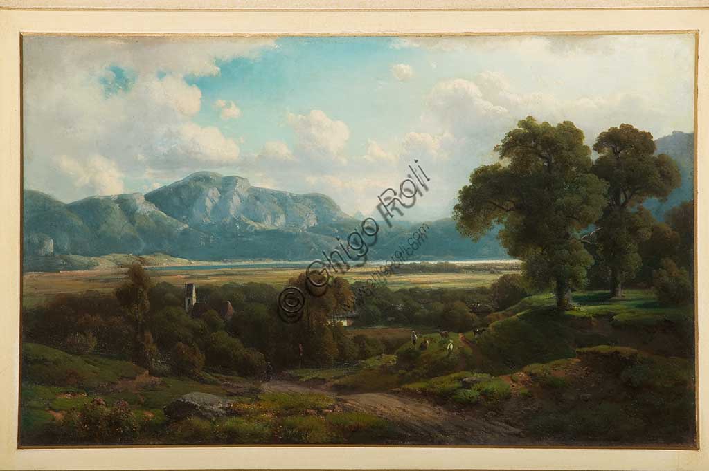Dipinto Paesaggio arcaico di Filippo Reggiani, olio su tavola, 43.5x70.5 cm, Collezione Assicoop-Unipol