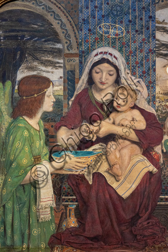 Dettaglio del dipinto Nostra Signora dei Bravi Bambini, acquerello e oro su carta di Ford Madox Brown
