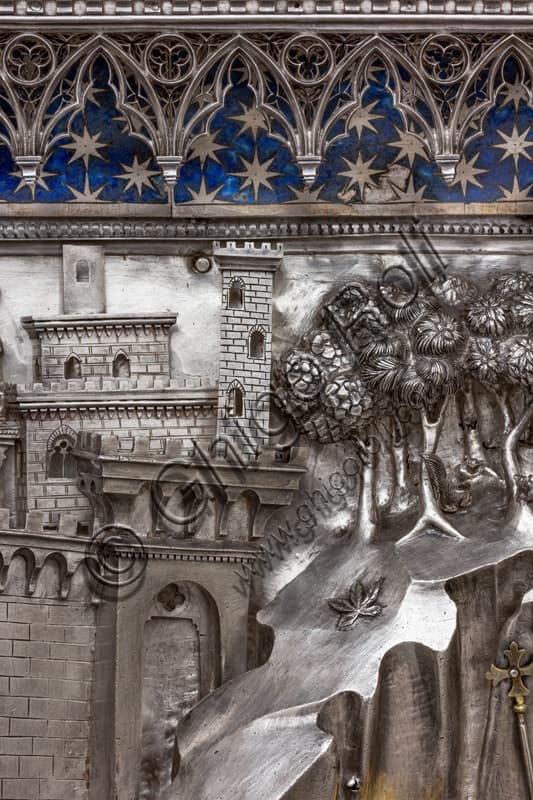 Detail silver altar tile Infant St John desert, town and trees, Museum Opera Duomo Florence