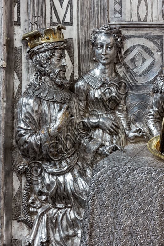 Detail of the Herod's Banquet silver tile showing Salomè and the King, Opera del Duomo Museum Florence, Renaissance art