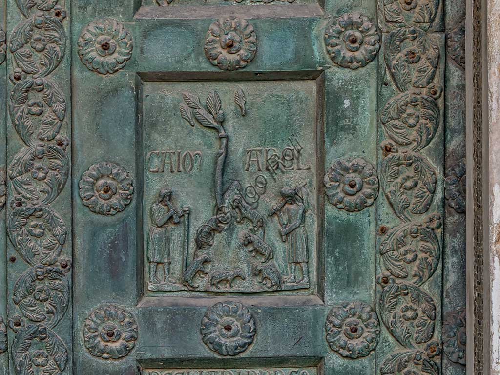 Formella bronzea della Porta di Bonanno Pisano con la scena di Caino e Abele, Duomo di Monreale, Palermo, Sicilia