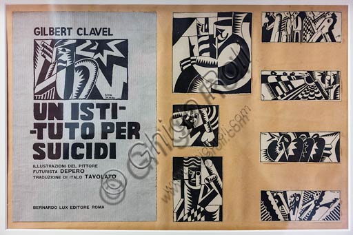 Illustrazioni di Fortunato Depero nella sala Eco della Stampa, Casa Depero, Rovereto, arte futurista