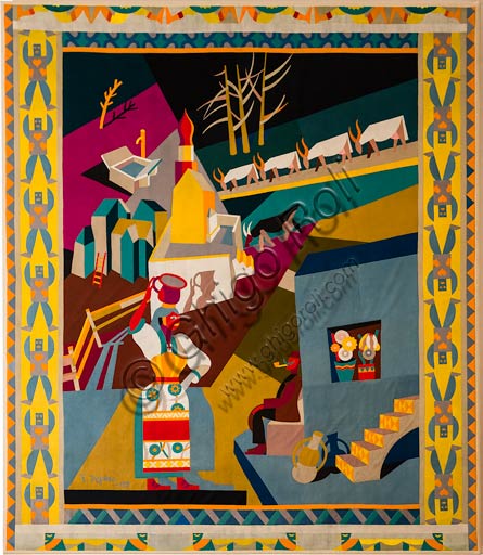 Dettaglio dell'opera Serrada, tarsia in panni di Fortunato Depero, esposta a Casa Depero a Rovereto, realizzata nel 1920