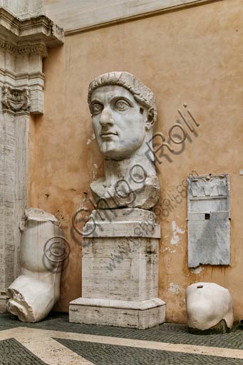 Fragments of the colossal statue of Emperor Constantine, courtyard of the Capitoline Museums in Rome, Italy