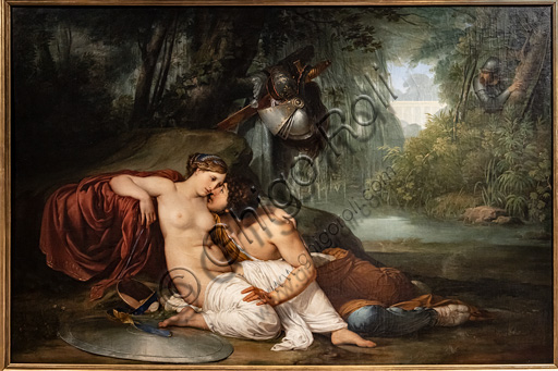 Dipinto di Hayez 'Rinaldo e Armida', olio su tela del 1812-13: scena di amore e abbraccio