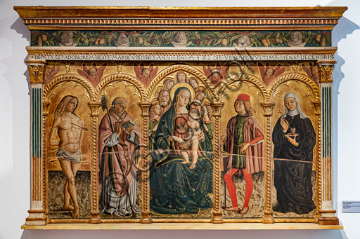Francesco Melanzio, Madonna con Bambino e i Santi Sebastiano, Fortunato, Severo e Chiara da Montefalco, 1488, tempera su tavola, Montefalco