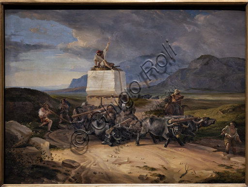 Dipinto olio su tela Bufali trasportano blocco marmo per Thorvaldsen di Friedrich Nerly, 1831, periodo Romanticismo