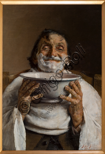 Dipinto 'Uomo dal barbiere' di Gaetano Bellei, pittore modenese, olio su tela 65,5x44 cm