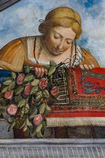 Detail Garofalo fresco: woman in yellow dress with flowers, vault Aula Costabiliana, Palazzo Costabili Ferrara Italy