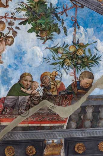 Fresco by Garofalo, detail gentlewoman and child, vault Hall of Treasure Palazzo Ludovico il Moro Ferrara