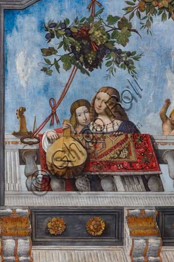 Detail Garofalo fresco Palazzo Costabili Ferrara: two gentlewomen, one with lute