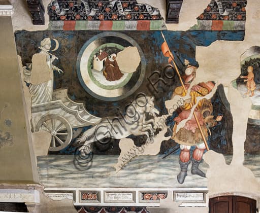 Dettaglio dell'affresco con il Carro della Luna, Decrepitezza e Marte nella Sala dei Pianeti, Palazzo Trinci Foligno