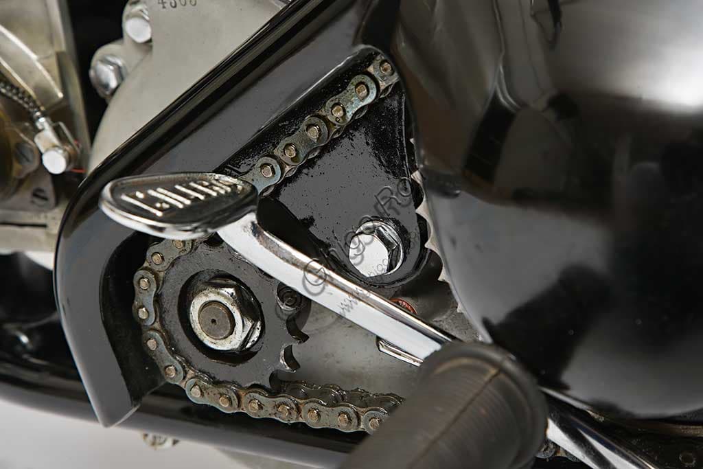 Photograph of the 1931 Gilera Gran Sport 350 (Sei Giorni) classic motorcycle, a restored model shown in detail.