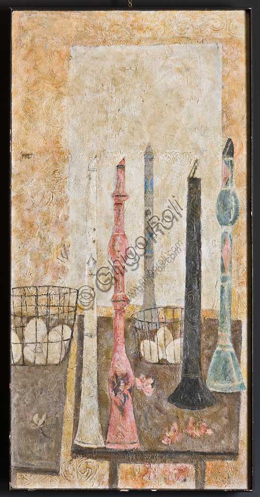 Dipinto Clarinetti di Giorgio Preti, affresco su tavola, Collezione Assicoop Unipol