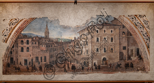 Veduta di Palazzo Pontani nel Borgo di S. Pietro, affresco staccato di Giovan Battista Caporali del 1535