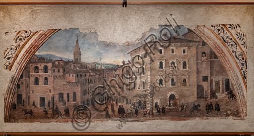 Veduta di Palazzo Pontani nel Borgo di S. Pietro, affresco staccato di Giovan Battista Caporali del 1535
