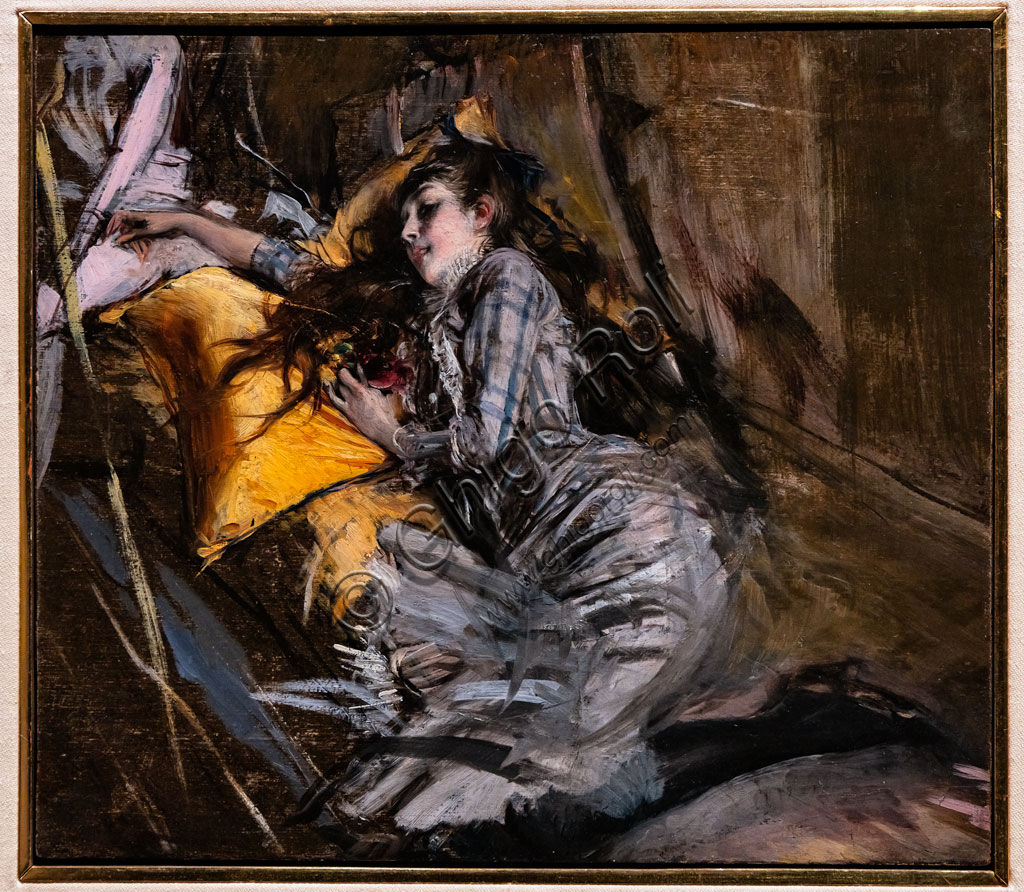 Dipinto Ragazza sdraiata in abito scozzese di Giovanni Boldini, olio su tavola 1891, arte moderna italiana