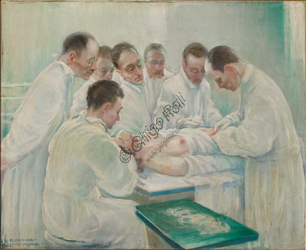 Giovanni Forghieri, Intervento chirurgico (1928), olio su tela, Collezione Assicoop-Unipol