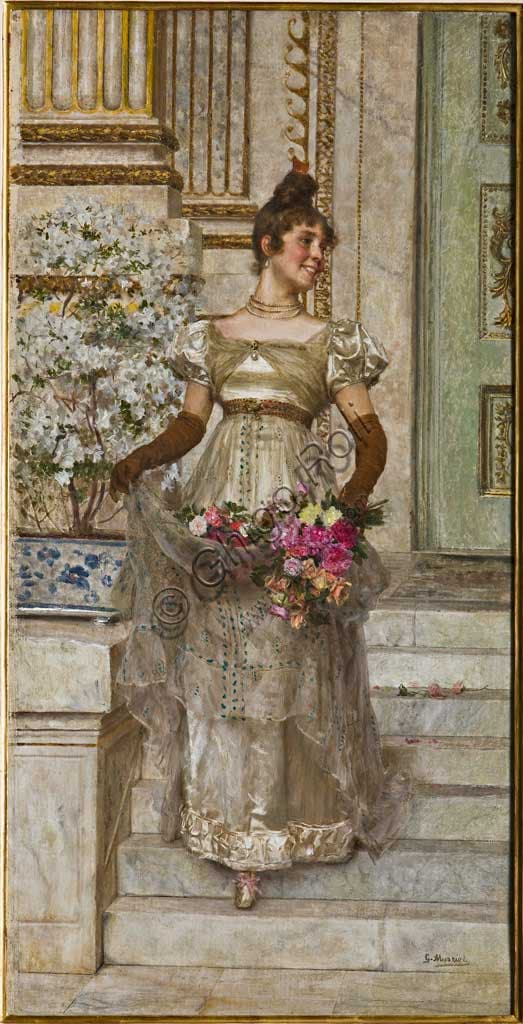 Dama che scende le scale di Giovanni Muzzioli, olio su tela, pittura italiana ottocentesca