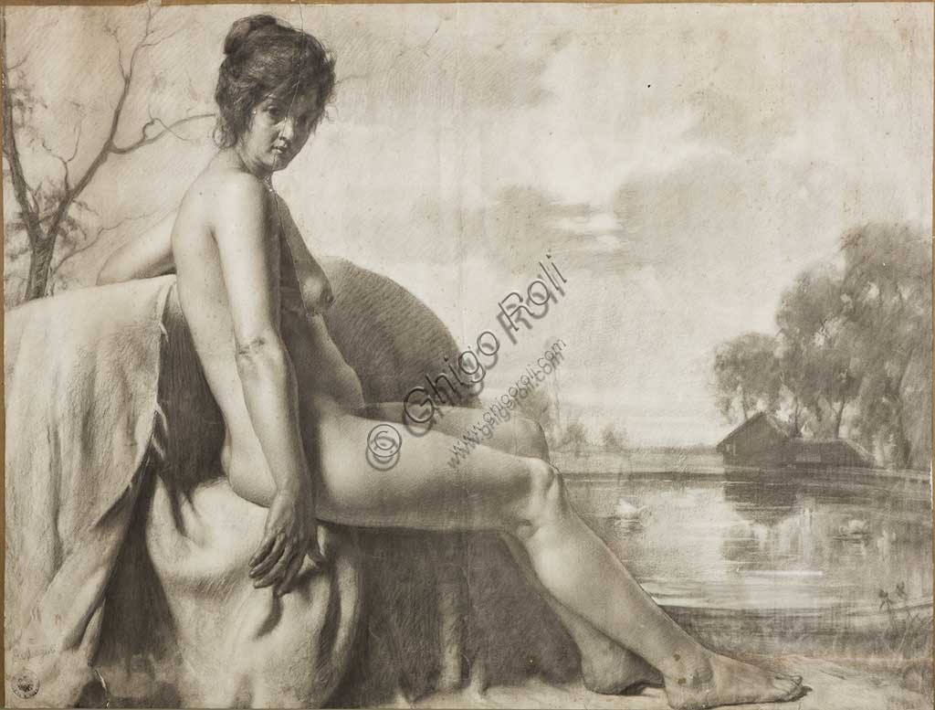 Disegno a carboncino Nudo di Donna di Giovanni Muzzioli, Collezione Assicoop Unipol, arte italiana 800