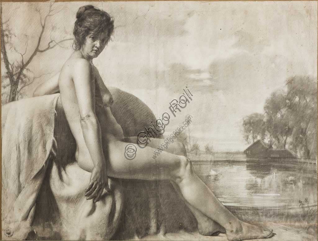 Disegno a carboncino Nudo di Donna di Giovanni Muzzioli, Collezione Assicoop Unipol, arte italiana 800