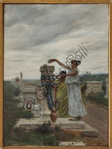 Dipinto olio su tela di Giovanni Muzzioli 'Onore agli eroi (un rito nell'antica Grecia)'