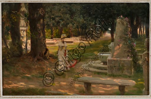 Giovanni Muzzioli, Una passeggiata a Villa Borghese, olio su tavola, paesaggio di Villa Borghese a Roma
