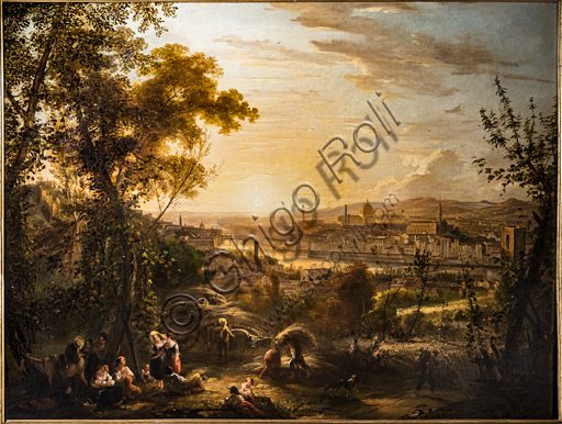 Dipinto olio su tela La mietitura d'estate di Giovanni Signorini del 1856, scena agricola campagna italiana