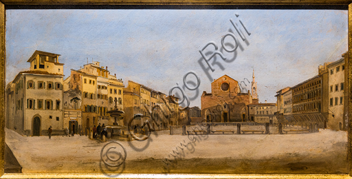 Dipinto Piazza Santa Croce a Firenze di Giovanni Signorini, 1846, olio su cartone applicato su tela