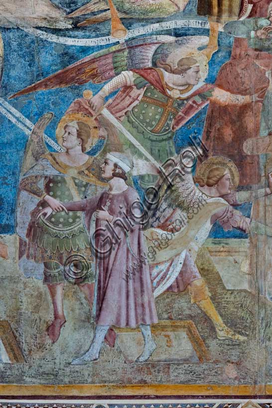 Affresco del Giudizio Universale, Camposanto Monumentale di Pisa: arcangeli smistano le anime, particolare con San Michele Arcangelo e un eletto