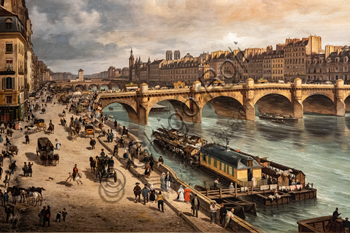 Dipinto olio su tela di Giuseppe Canella: veduta di Parigi con La Cité, il Pont Neuf e il fiume Senna dal Quai du Louvre, 1832